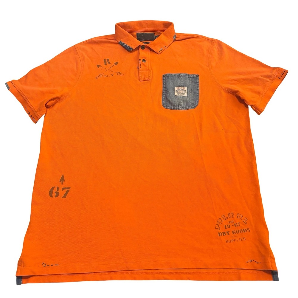 Polo Country Ralph Lauren Mens XL Orange Graphic Polo Shirt Denim Pocket Eagle